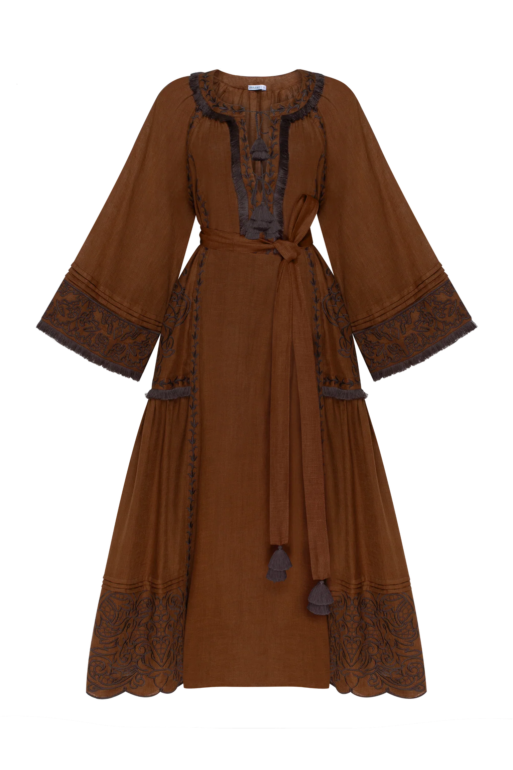 Model wearing ANNABO Eternal Heritage brown linen maxi dress with removable waist belt