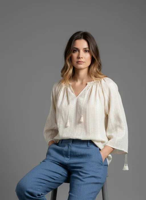 The Handwoven  Romanian Blouse in Ivory