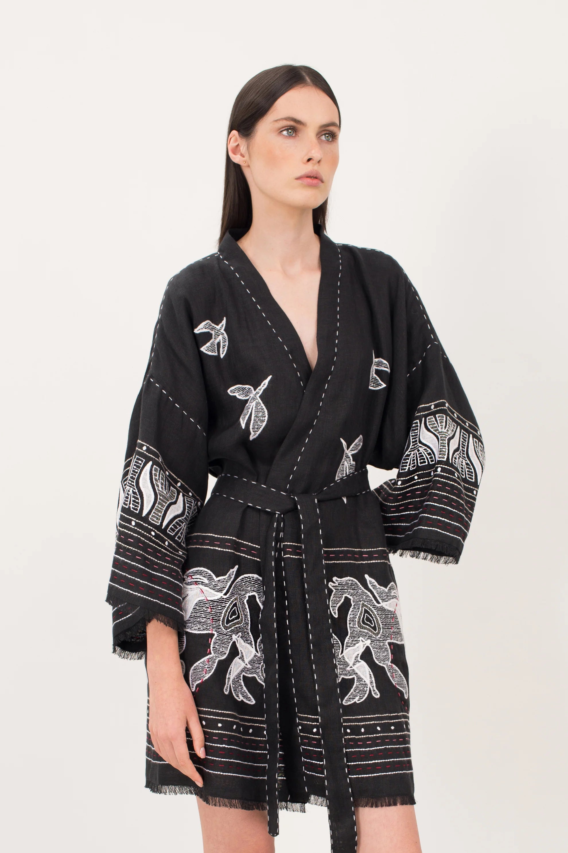Animal realm short Kimono in Black