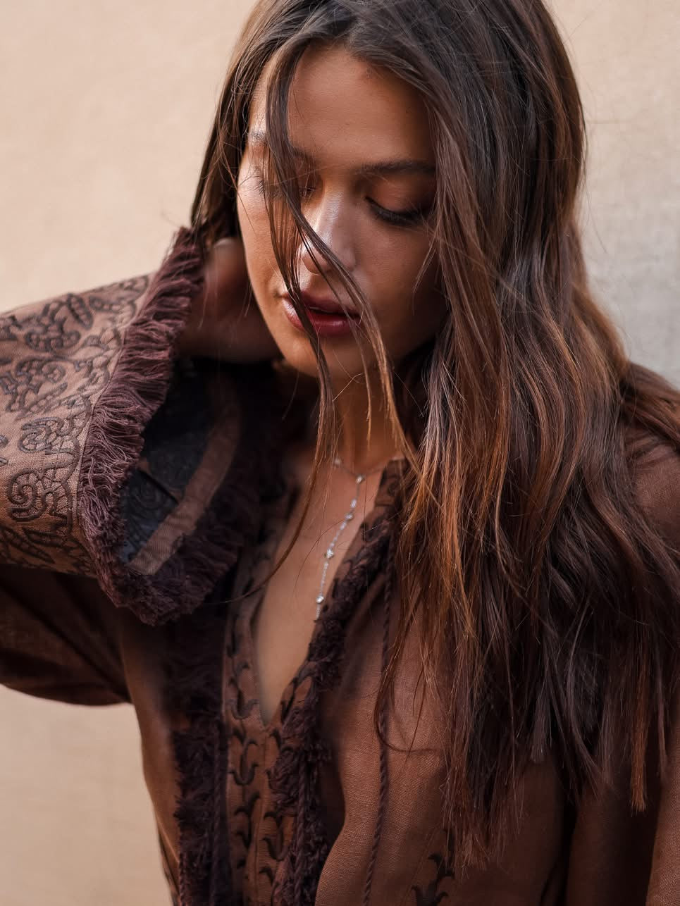 Eternal Heritage Brown Embroidered Linen Maxi Dress