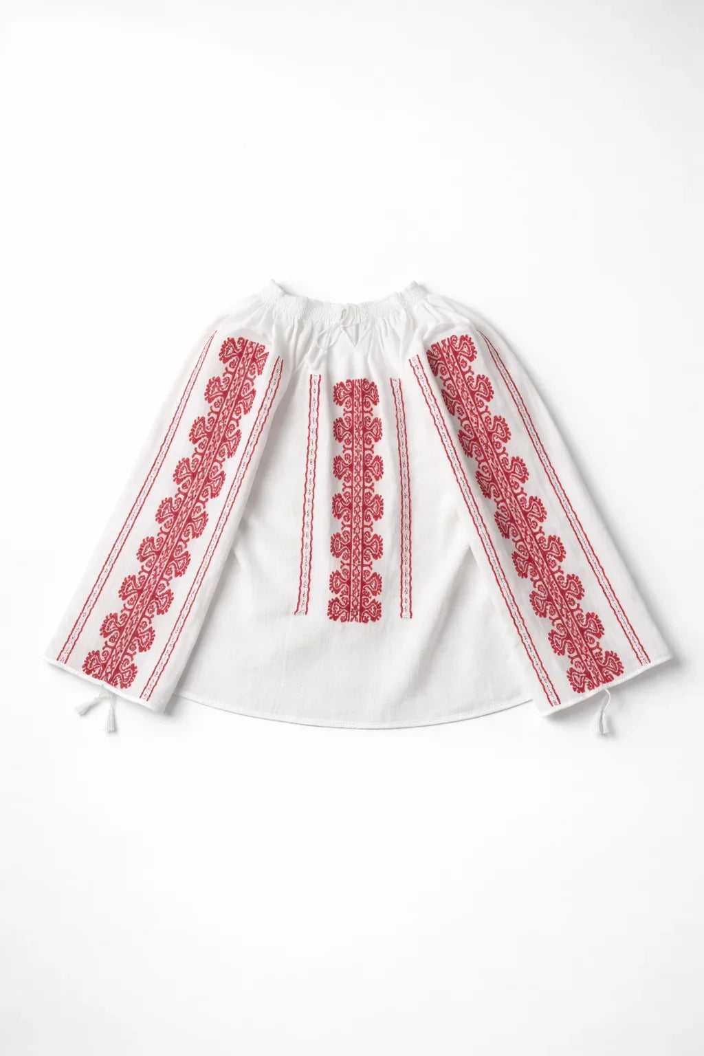 Ram's Horn Romanian Peasant Blouse | Hand-Embroidered Red