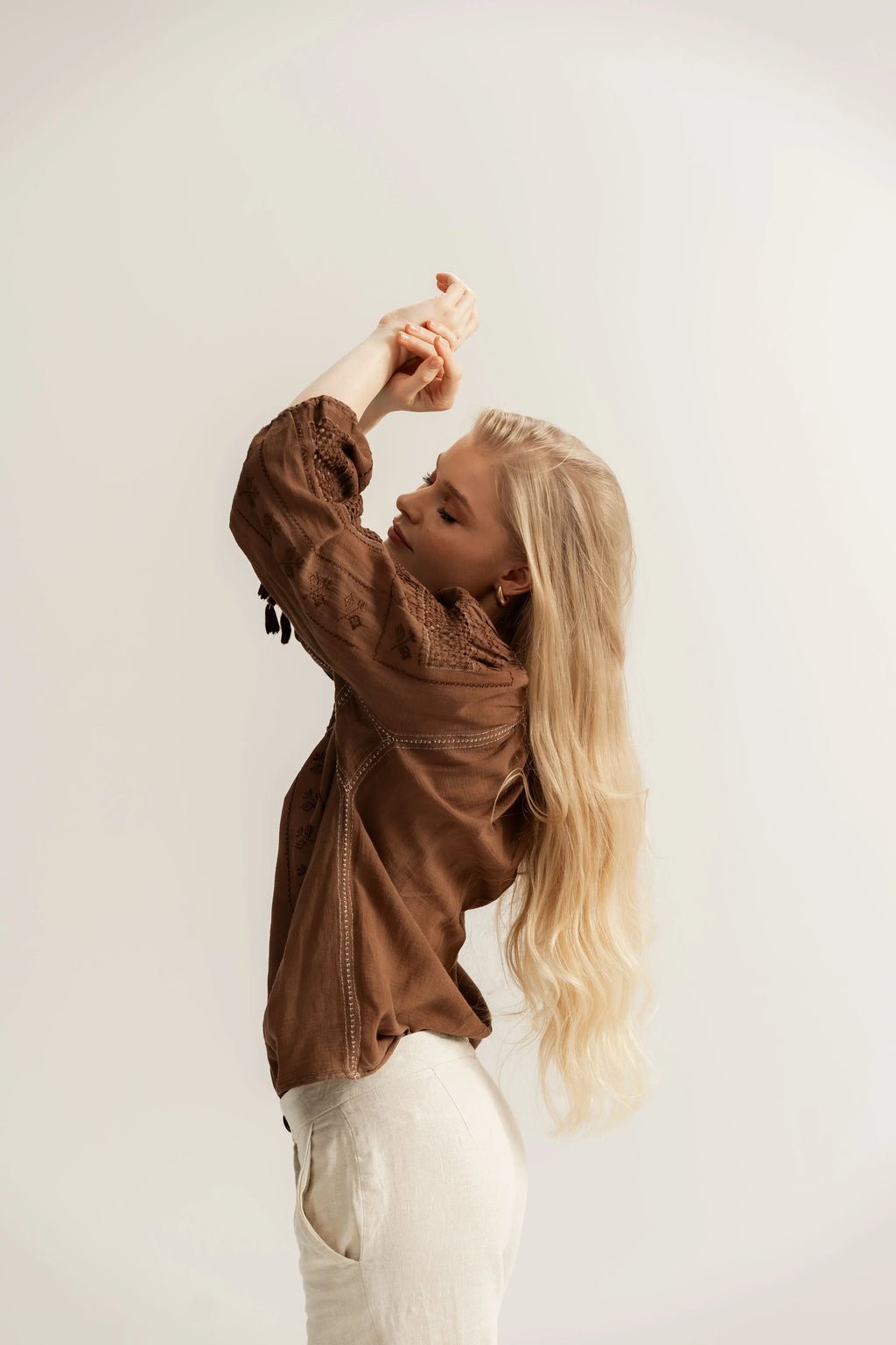 Upcycled Romanian Blouse  in Mocha Brown
