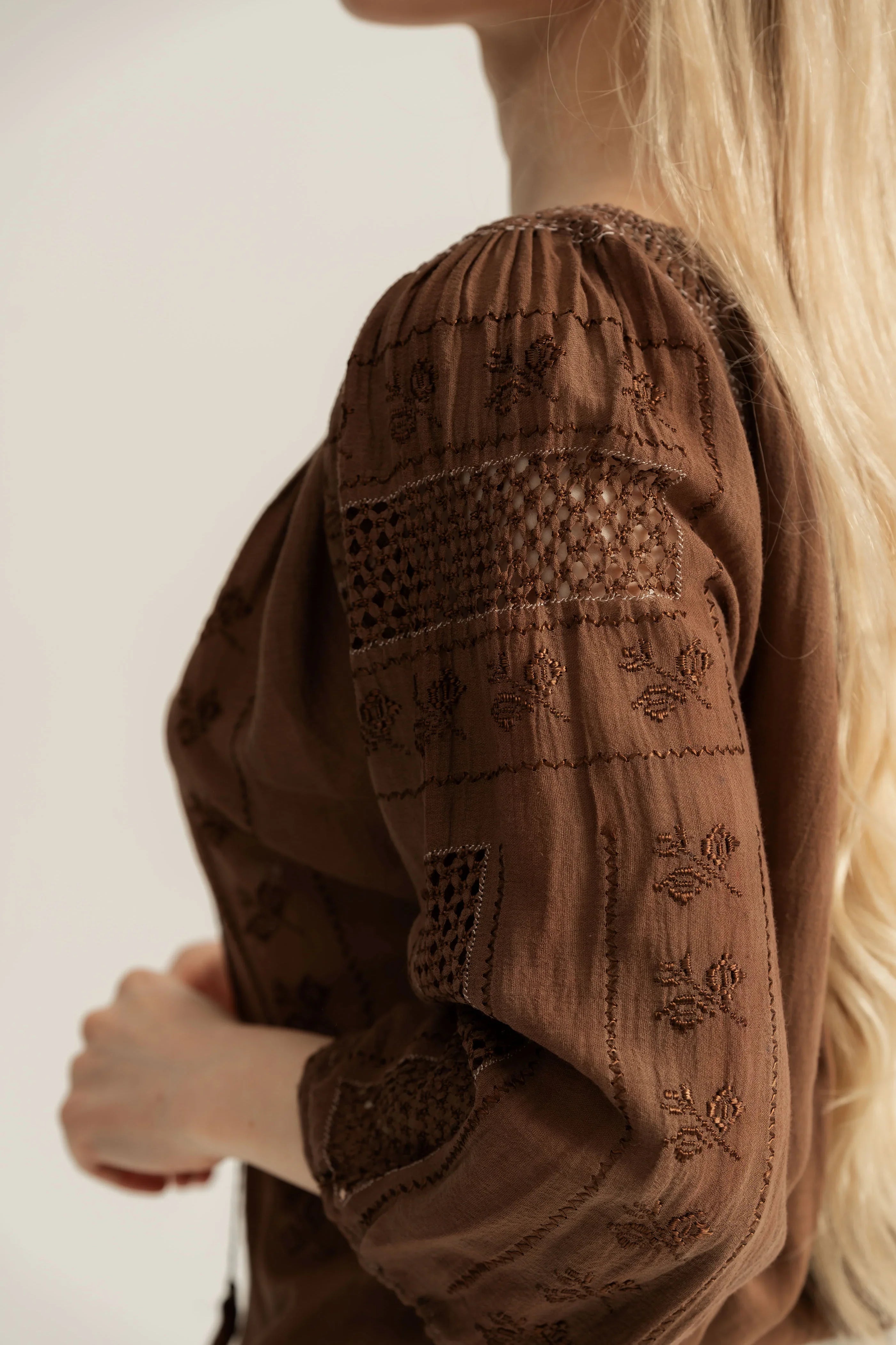 Upcycled Romanian Blouse  in Mocha Brown