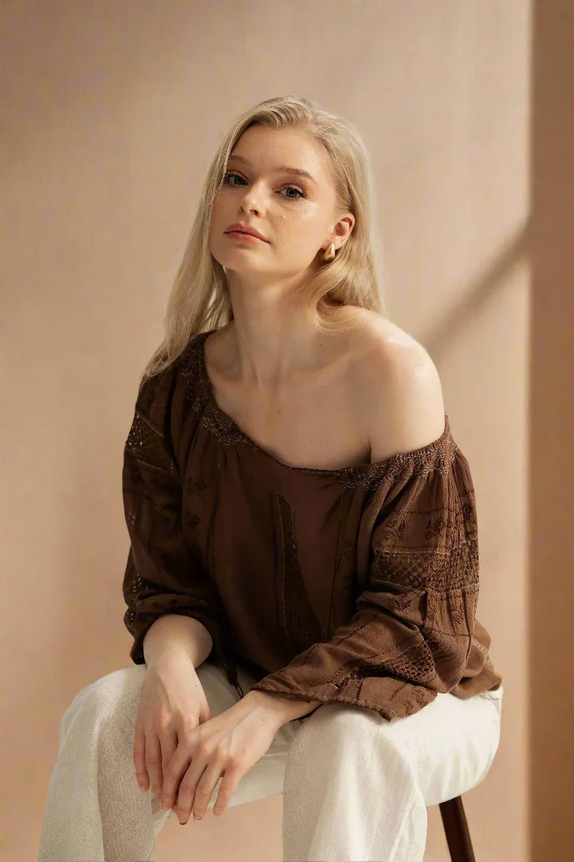 Upcycled Romanian Blouse  in Mocha Brown