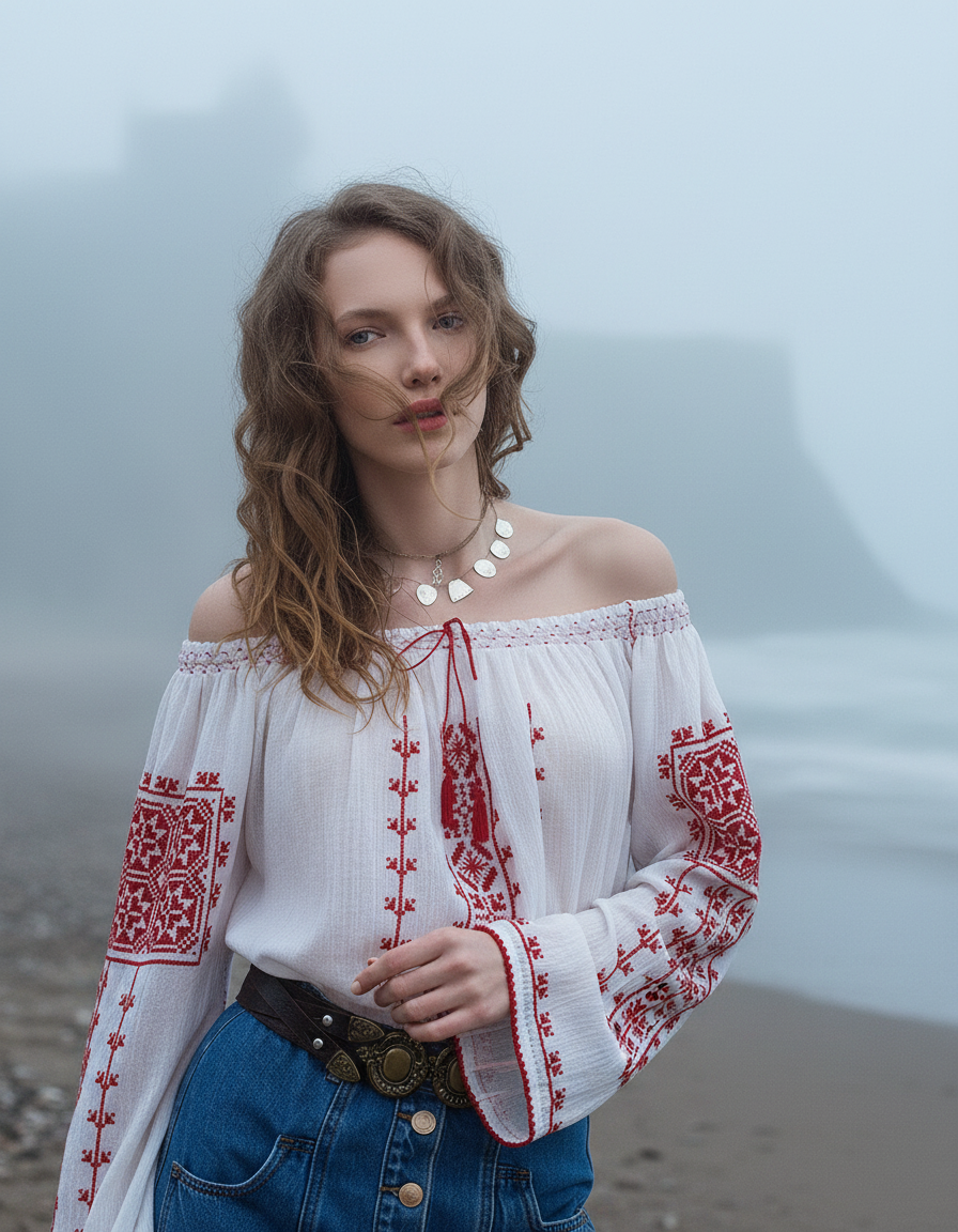 Hand-Embroidered Romanian Blouse — Off-Shoulder Ia, Transylvania