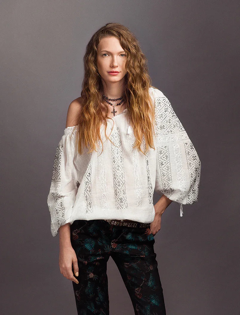 Silver Eight Pointed Star Embroidered Romanian Blouse
