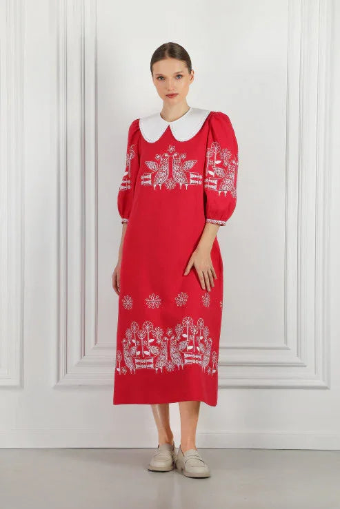 Embroidered Linen Mini Dress with Birds and Flowers Zozulya