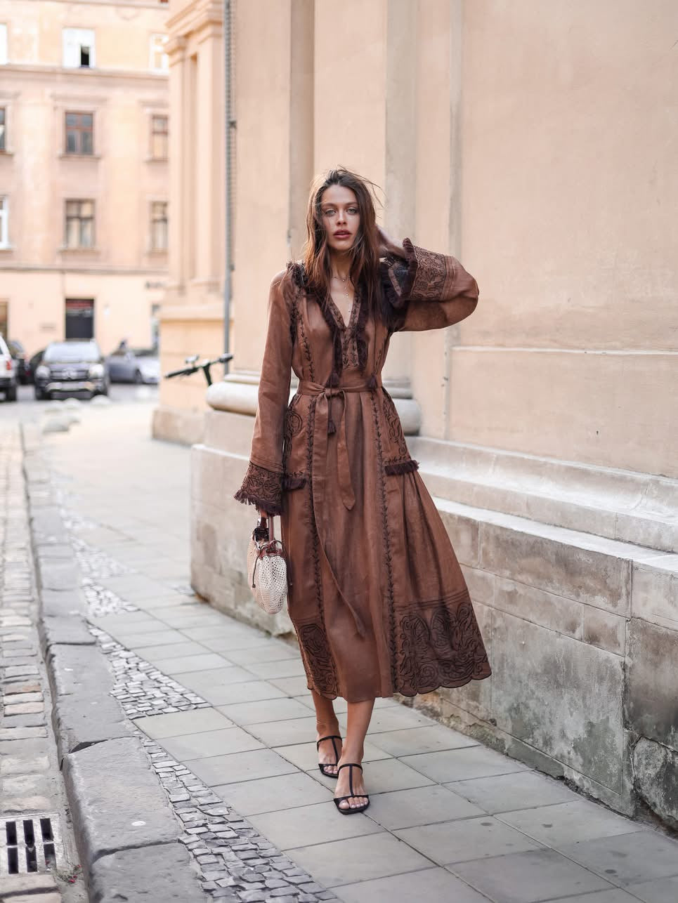 Eternal Heritage Brown Embroidered Linen Maxi Dress
