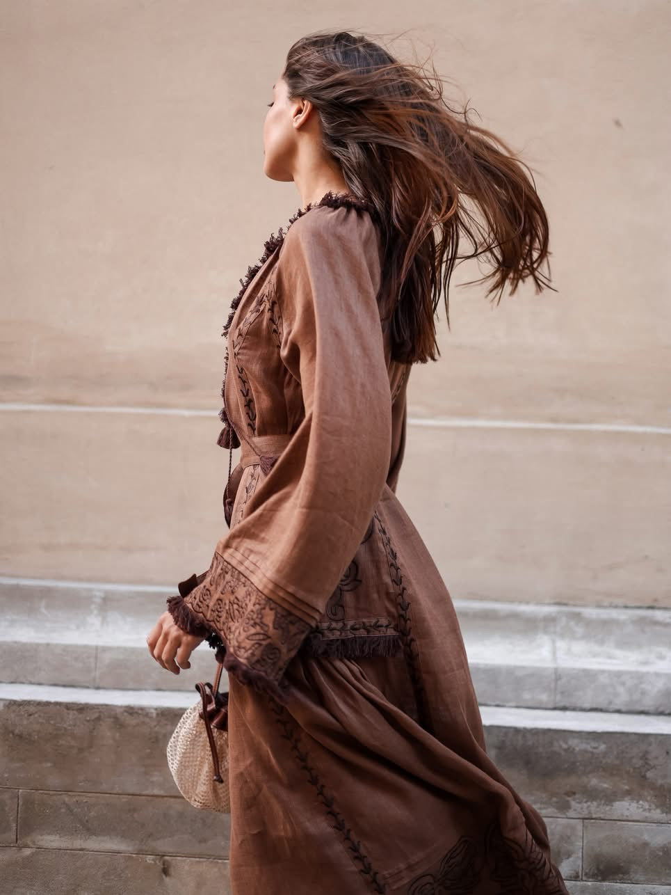 Eternal Heritage Brown Embroidered Linen Maxi Dress