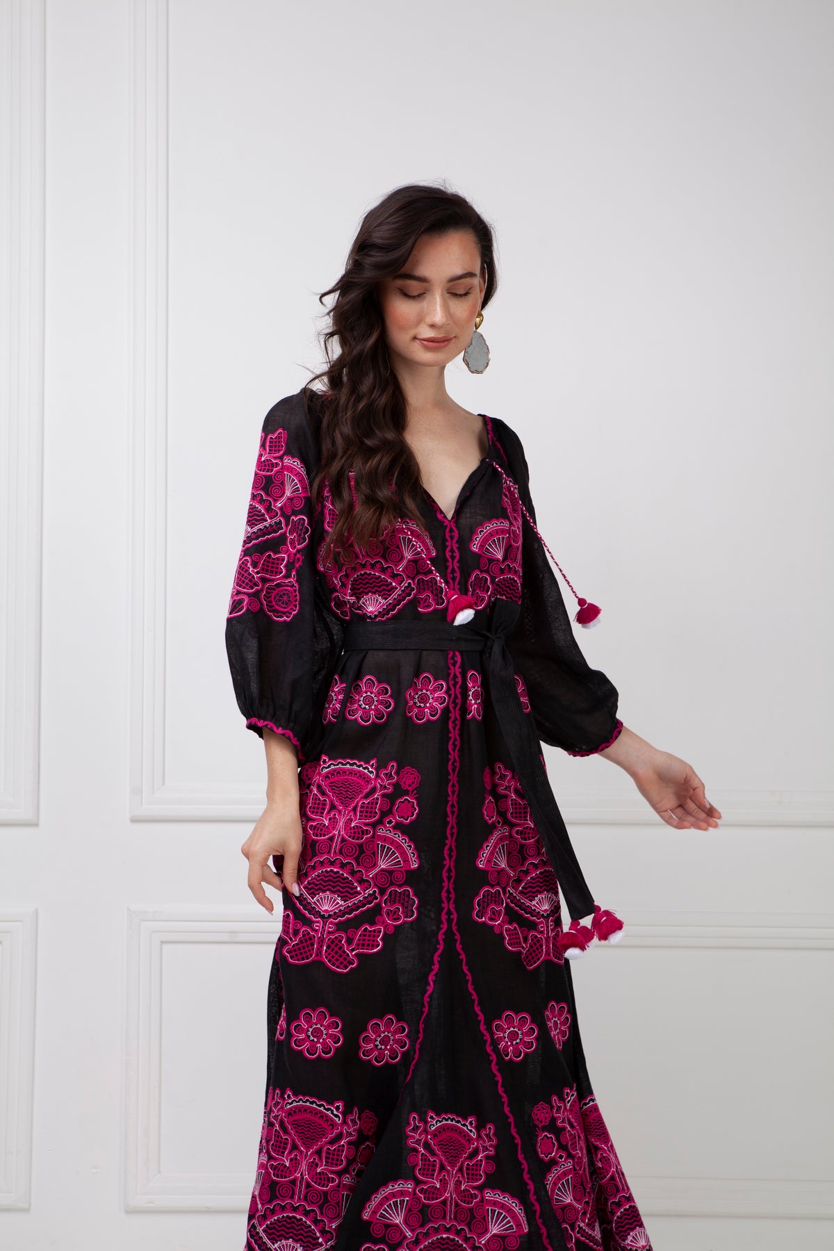 Model wearing the Foberini Victory Chic pink and white embroidered maxi dress – styled look