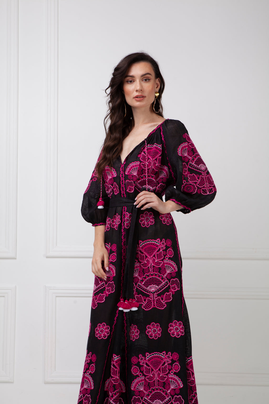 Foberini, Embroidered dress, pink and white, linen, floral motif, hand-embroidered – view 8