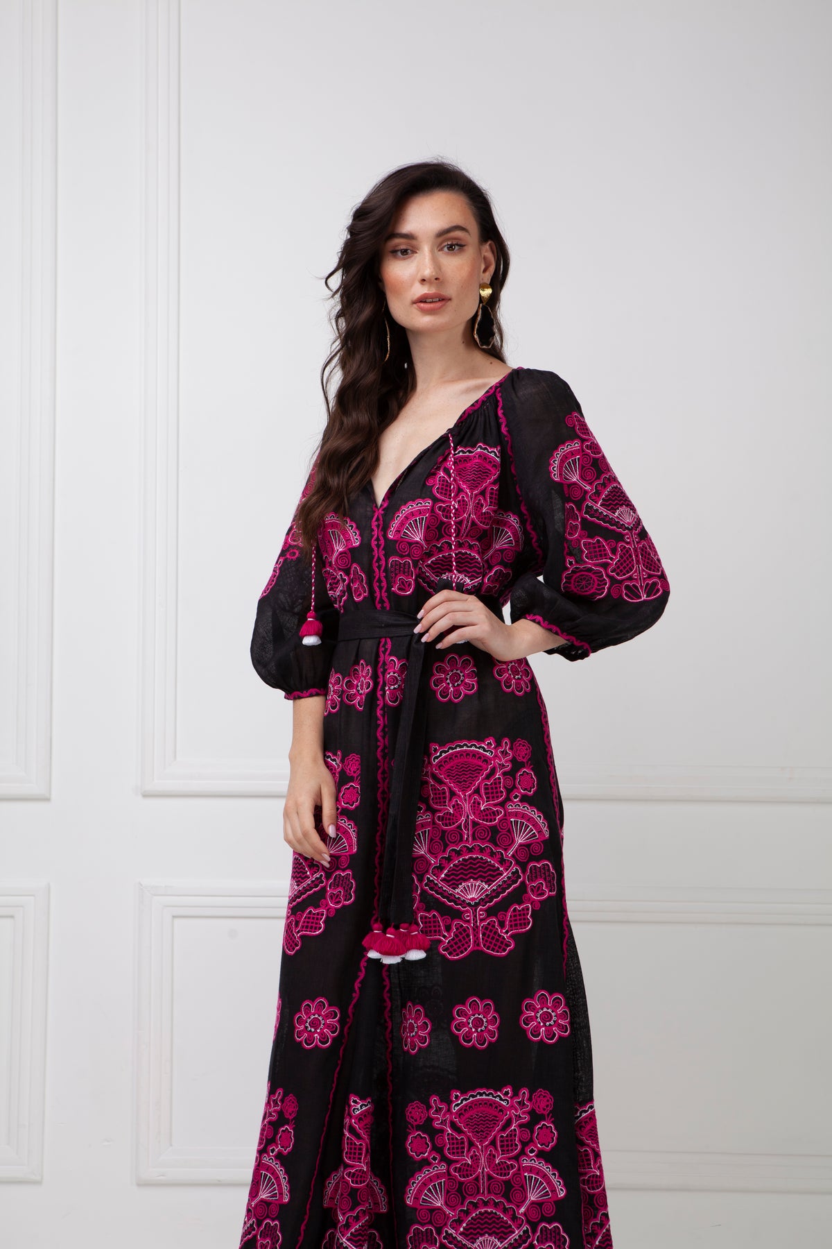 Foberini, Embroidered dress, pink and white, linen, floral motif, hand-embroidered – view 8