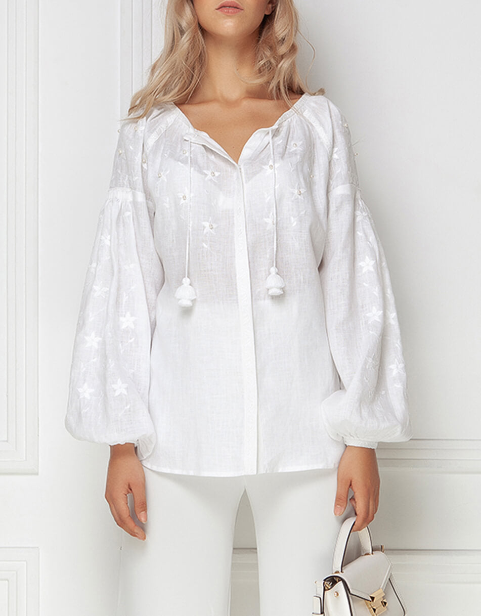 White linen pearl beads hand embroidered bohemian puff sleeves blouse