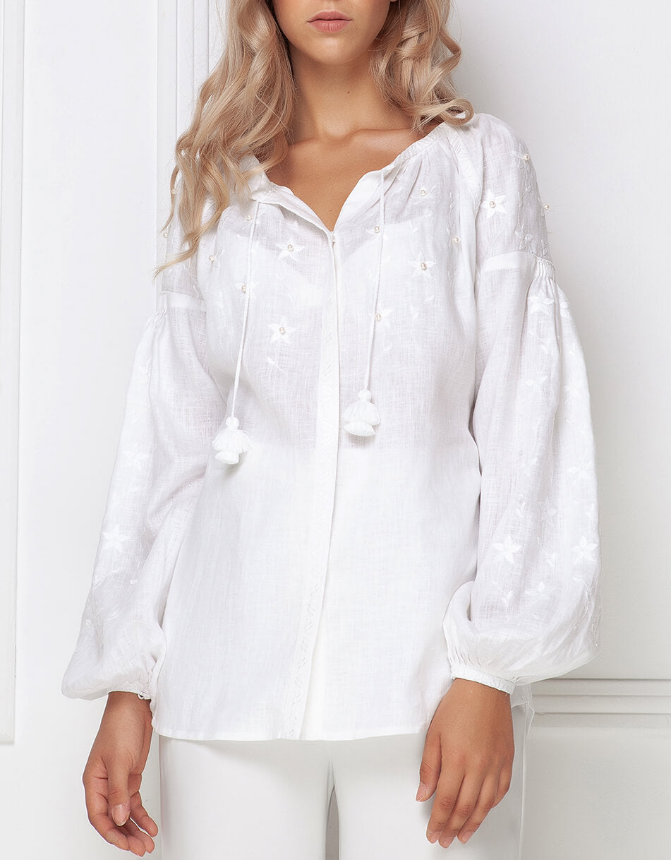 White linen pearl beads hand embroidered bohemian puff sleeves blouse