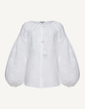 White blouse with puff sleeves with pearls