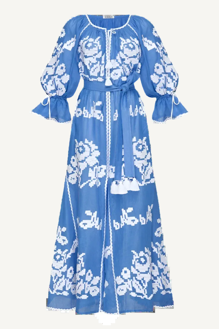 blue embroidered maxi dress linen bohemian luxury