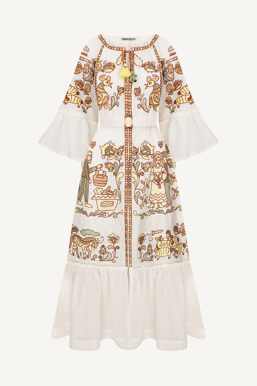 White dress with intricate brown and green patterns embroidery
