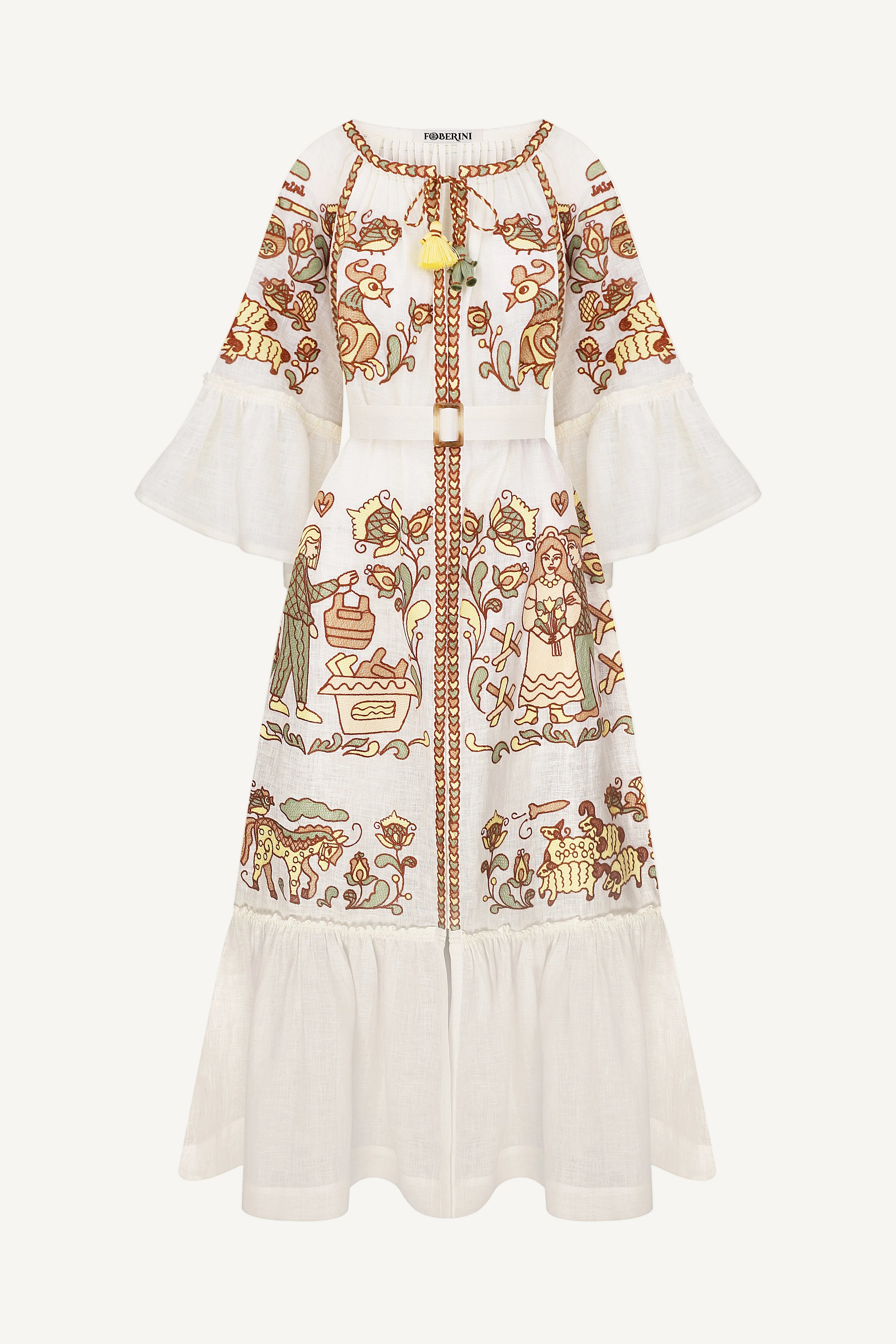 White dress with intricate brown and green patterns embroidery