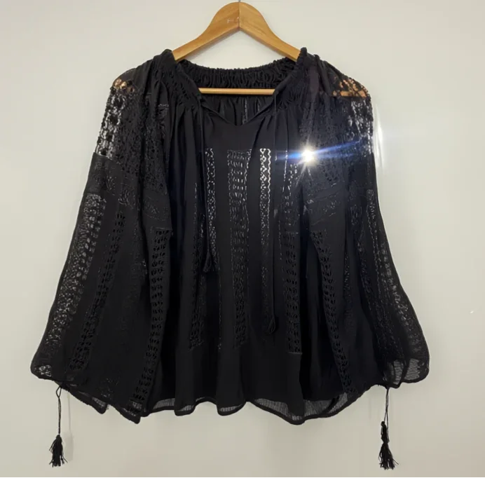 Authentic handmade Romanian blouse, black, hand-embroidered – fabric detail
