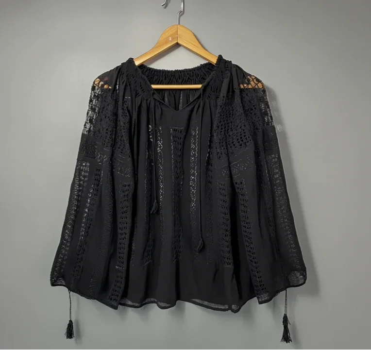 Authentic handmade Romanian blouse, black, hand-embroidered