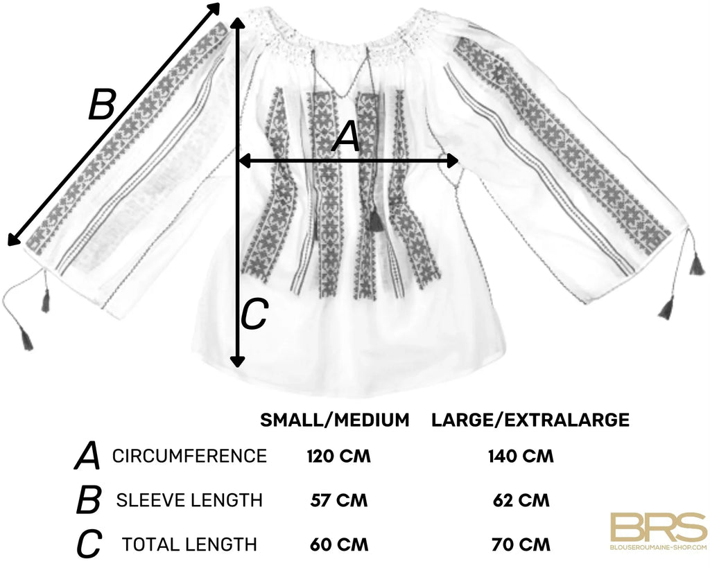 Measurement chart for a garment with labeled dimensions and brand logo.