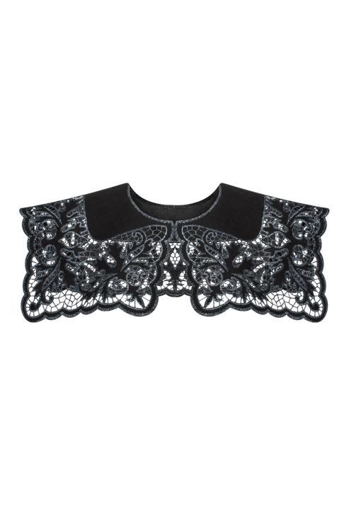 Hand-embroidered Richelieu cutwork detachable collar in black