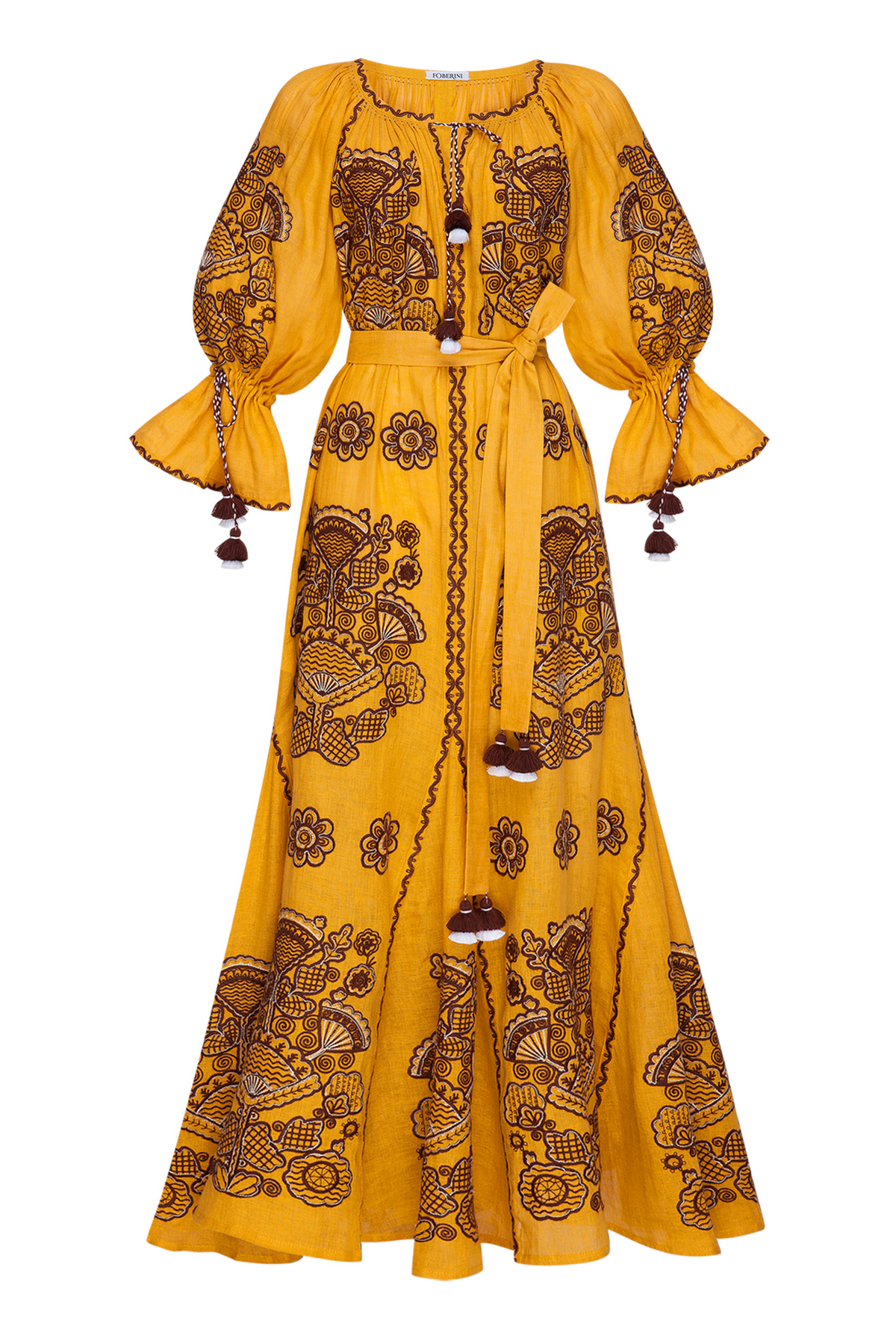 Foberini Victory Chic mustard linen maxi dress with brown and white Ukrainian floral embroidery