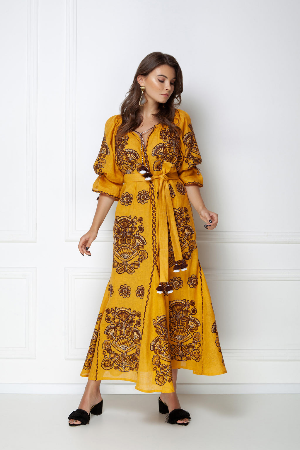 Mustard linen maxi dress, brown and white Ukrainian floral embroidery - embroidery detail