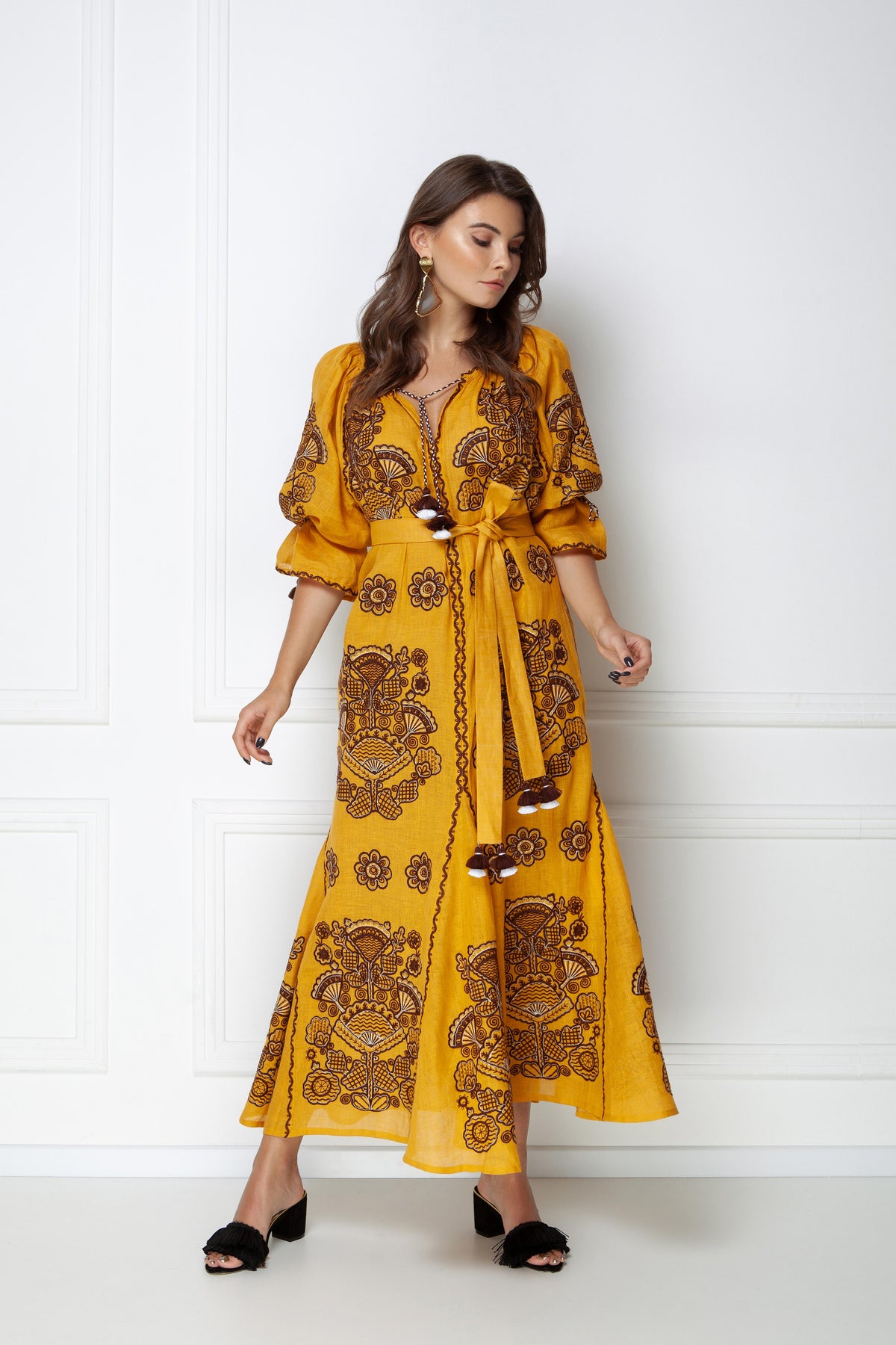 Mustard linen maxi dress, brown and white Ukrainian floral embroidery - embroidery detail