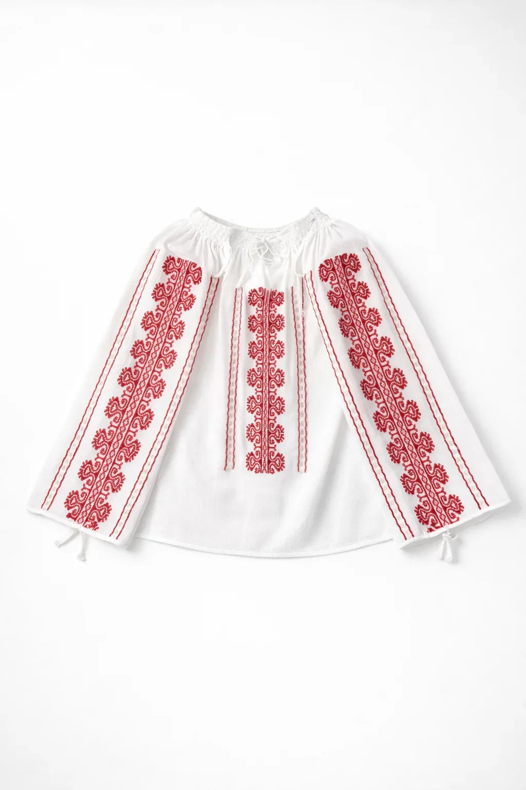 Ram's Horn Romanian Peasant Blouse | Hand-Embroidered Red