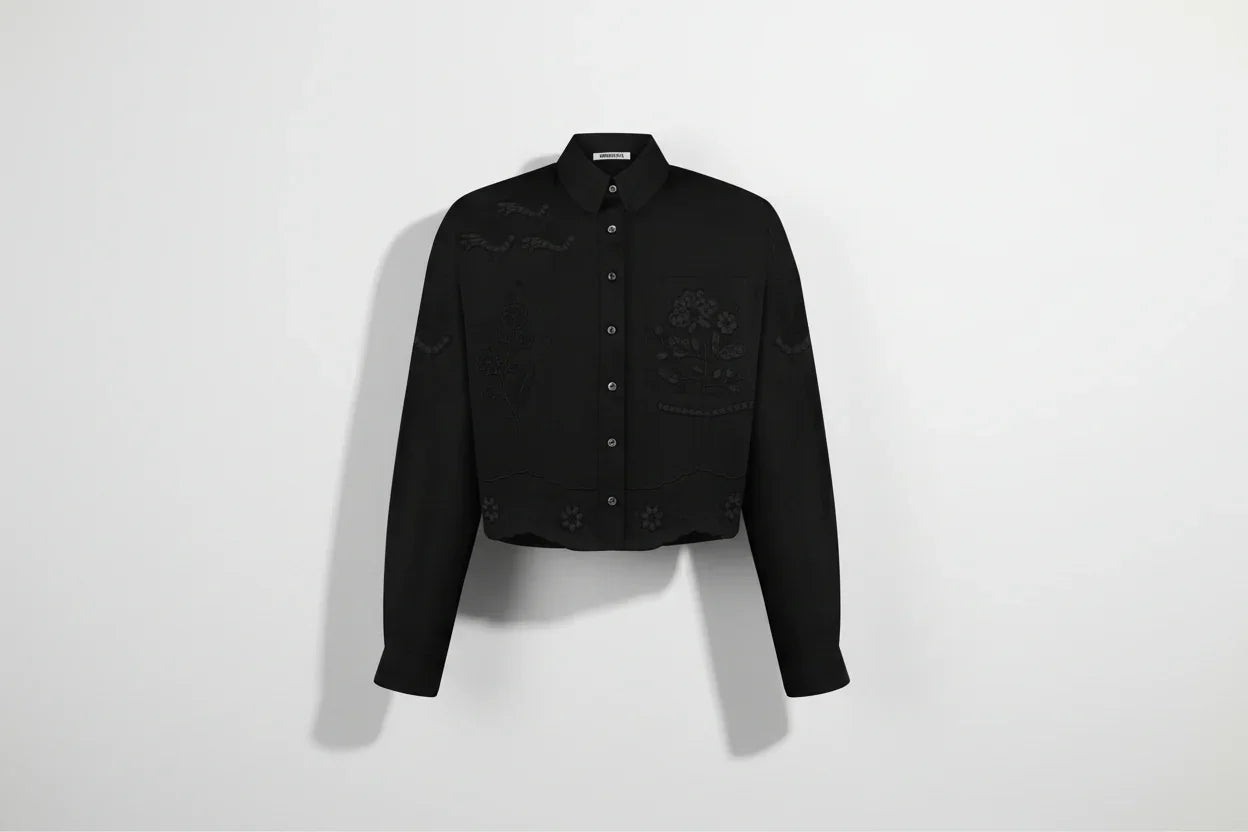 Tree of Life Black cropped linen embroidery shirt