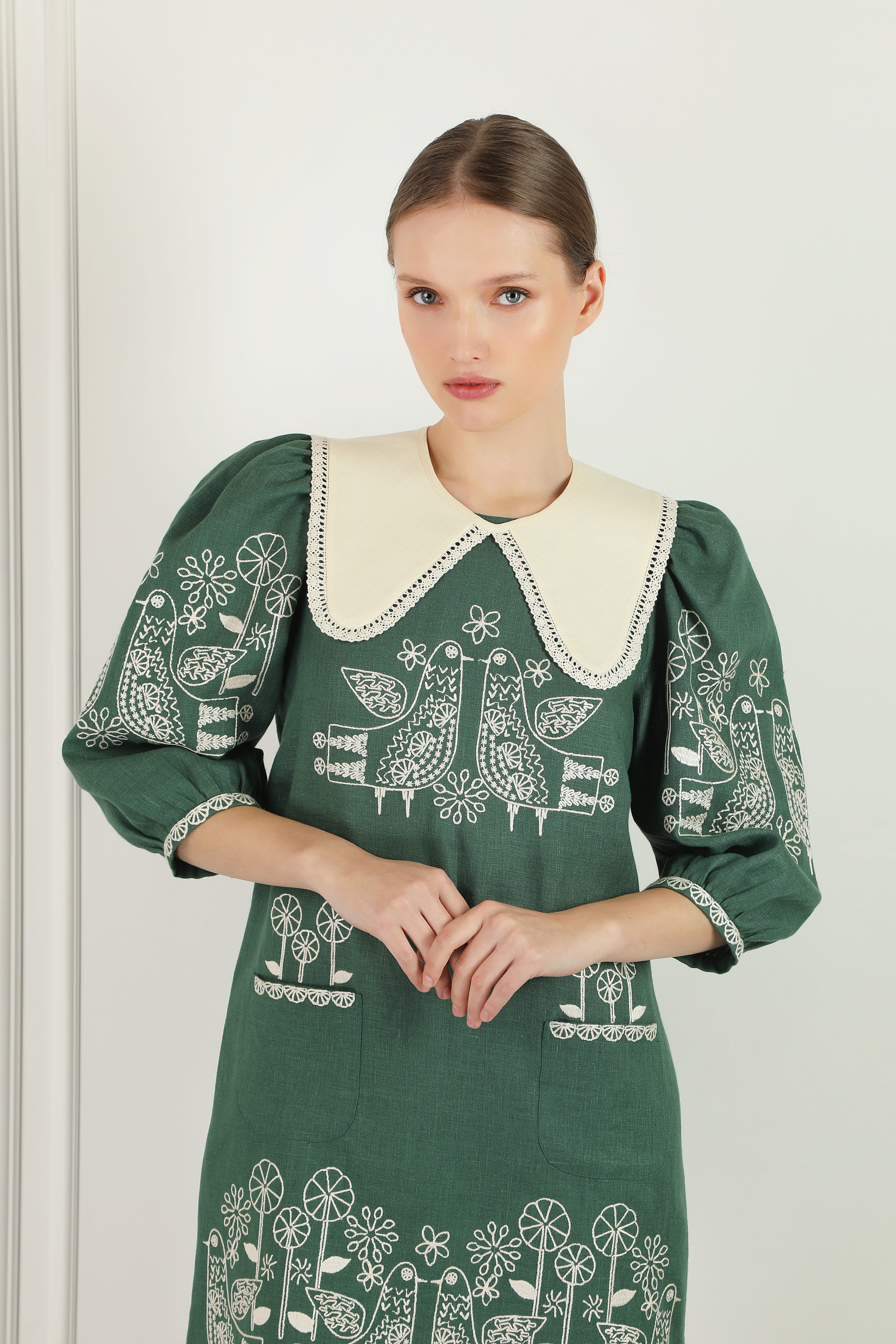 Green Linen Mini Dress with Embroidery and Collar Zozulya