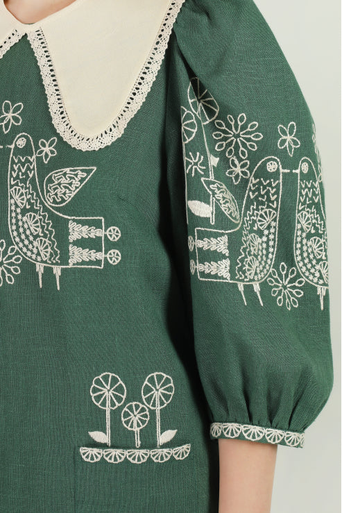 Green Linen Mini Dress with Embroidery and Collar Zozulya