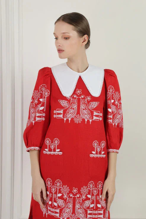 Embroidered Linen Mini Dress with Birds and Flowers Zozulya