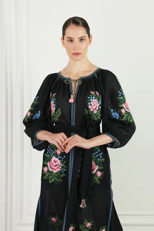 artisan dress black floral embroidery full lengt