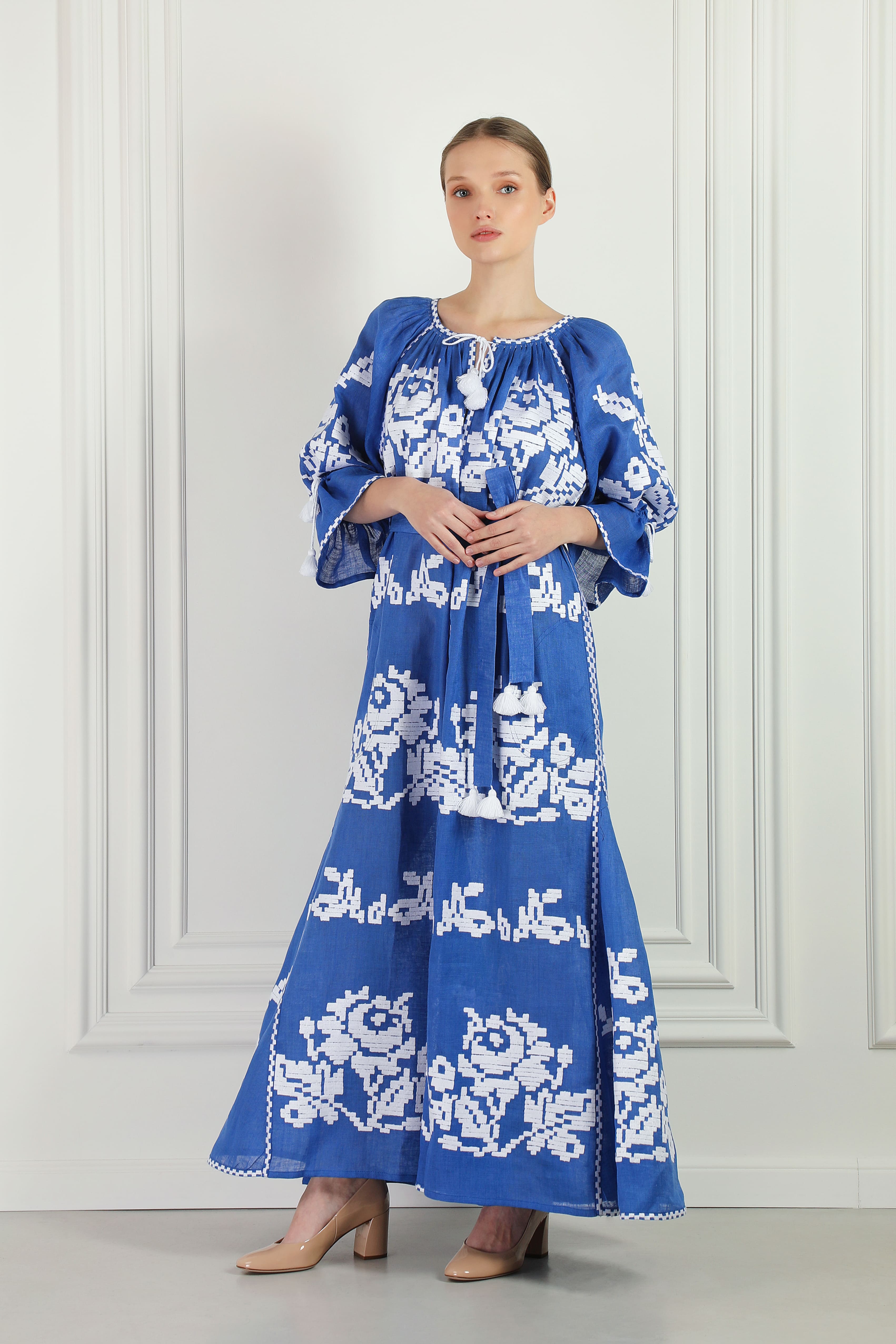 blue  embroidered maxi dress linen bohemian luxury