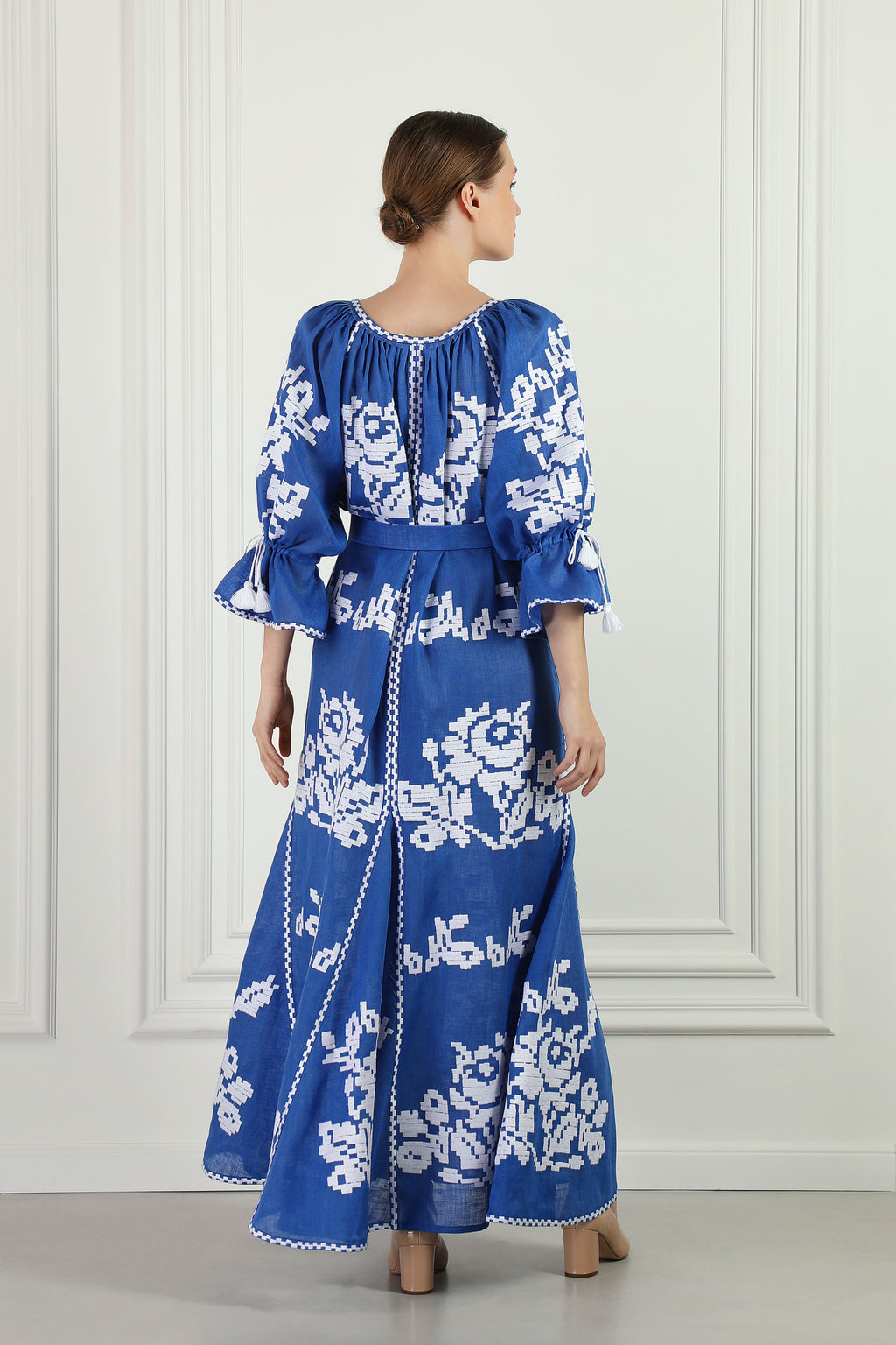 blue embroidered maxi dress linen bohemian luxury