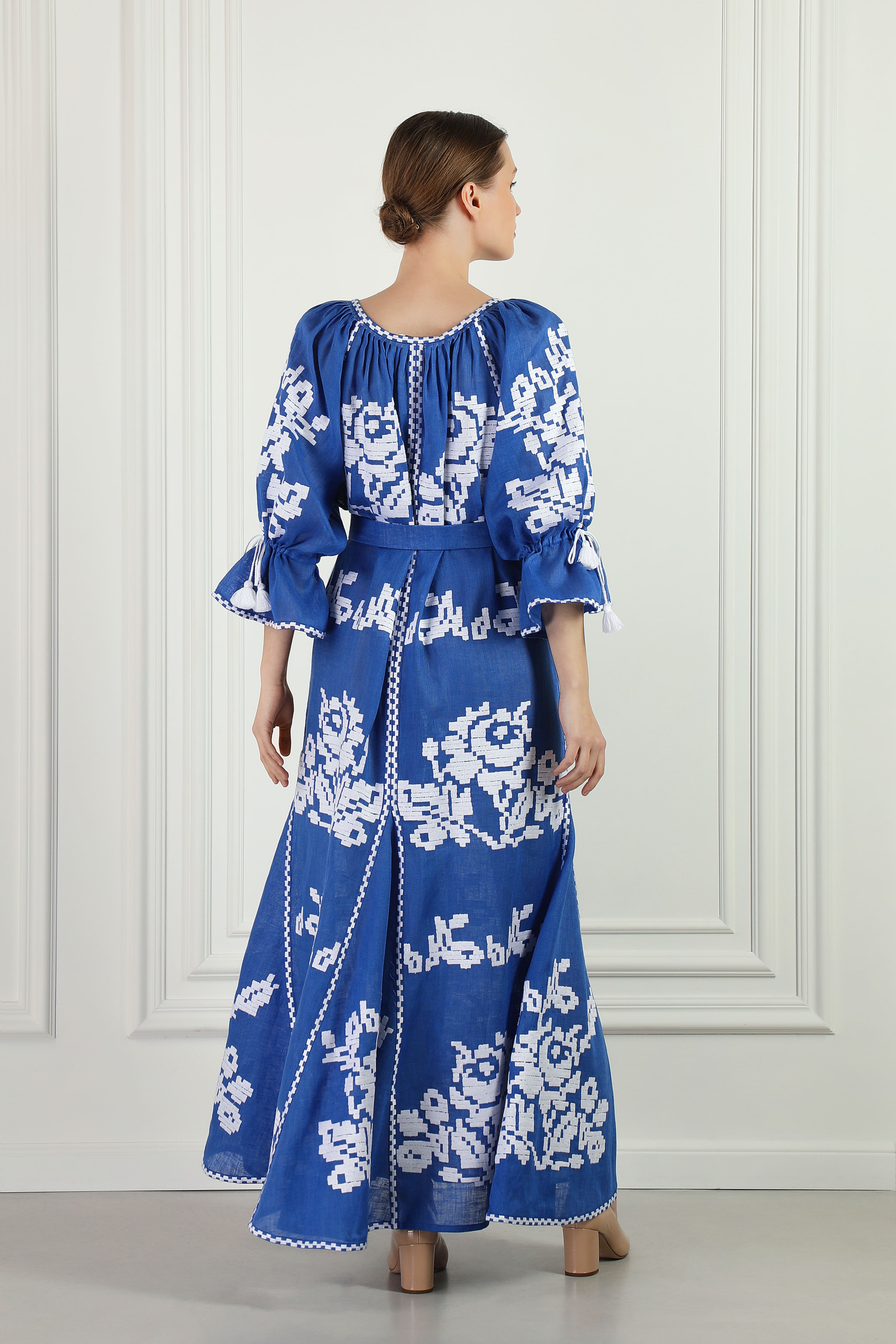 blue embroidered maxi dress linen bohemian luxury