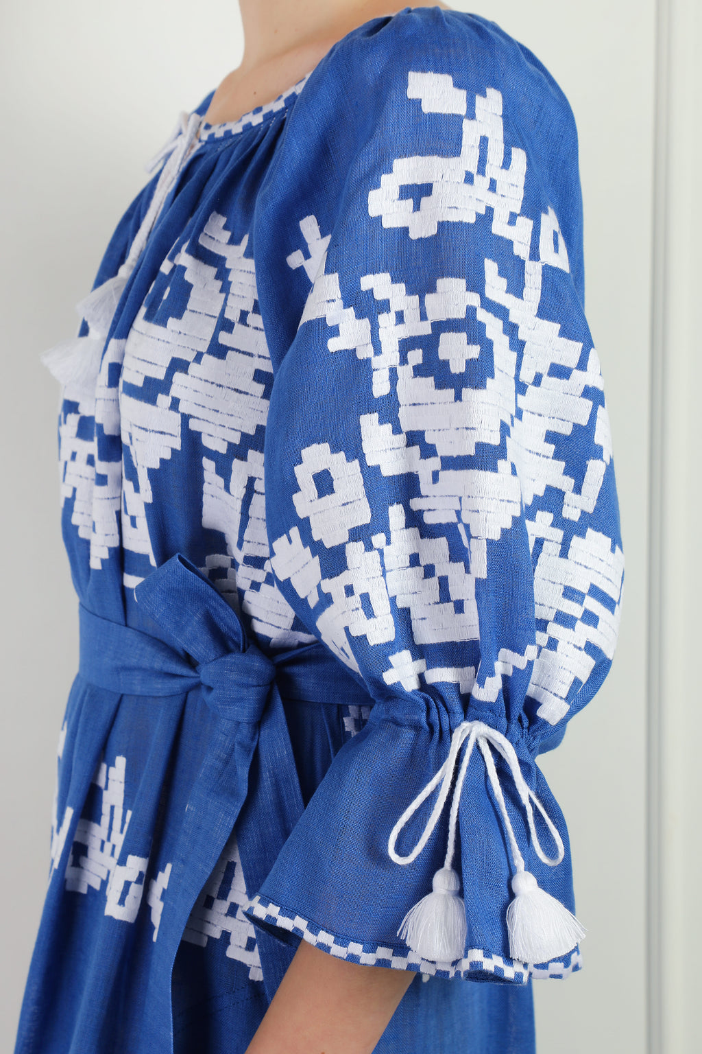 blue embroidered maxi dress linen bohemian luxury