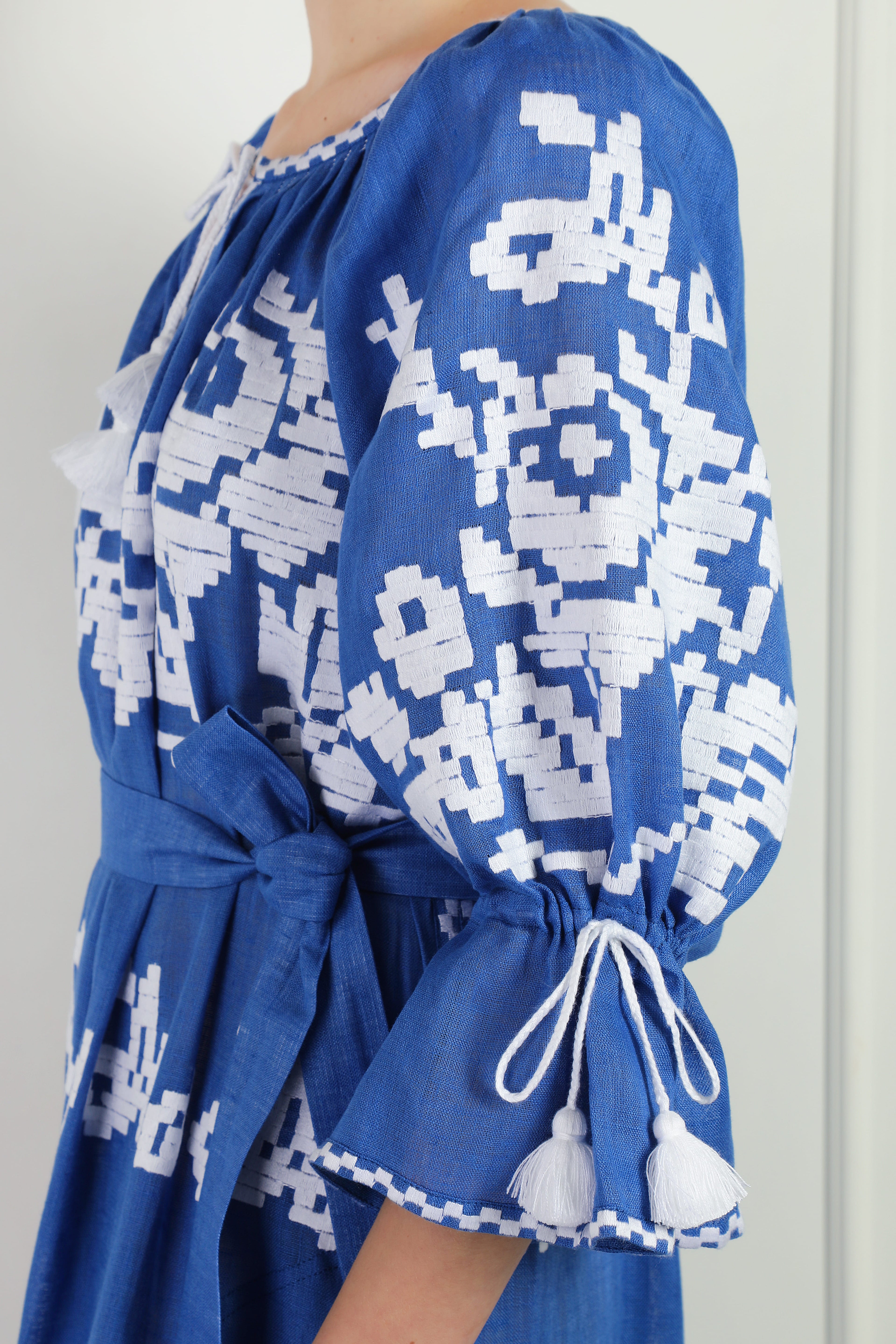 blue embroidered maxi dress linen bohemian luxury