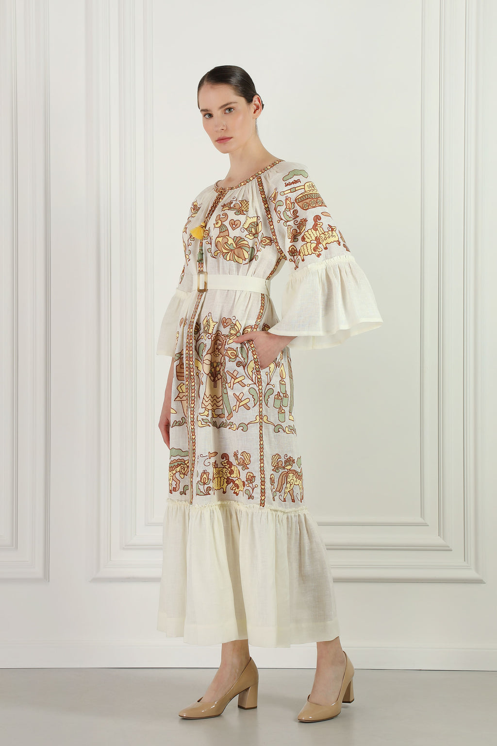 "Embroidery History" Linen Beige Maxi Dress Women FOBERINI