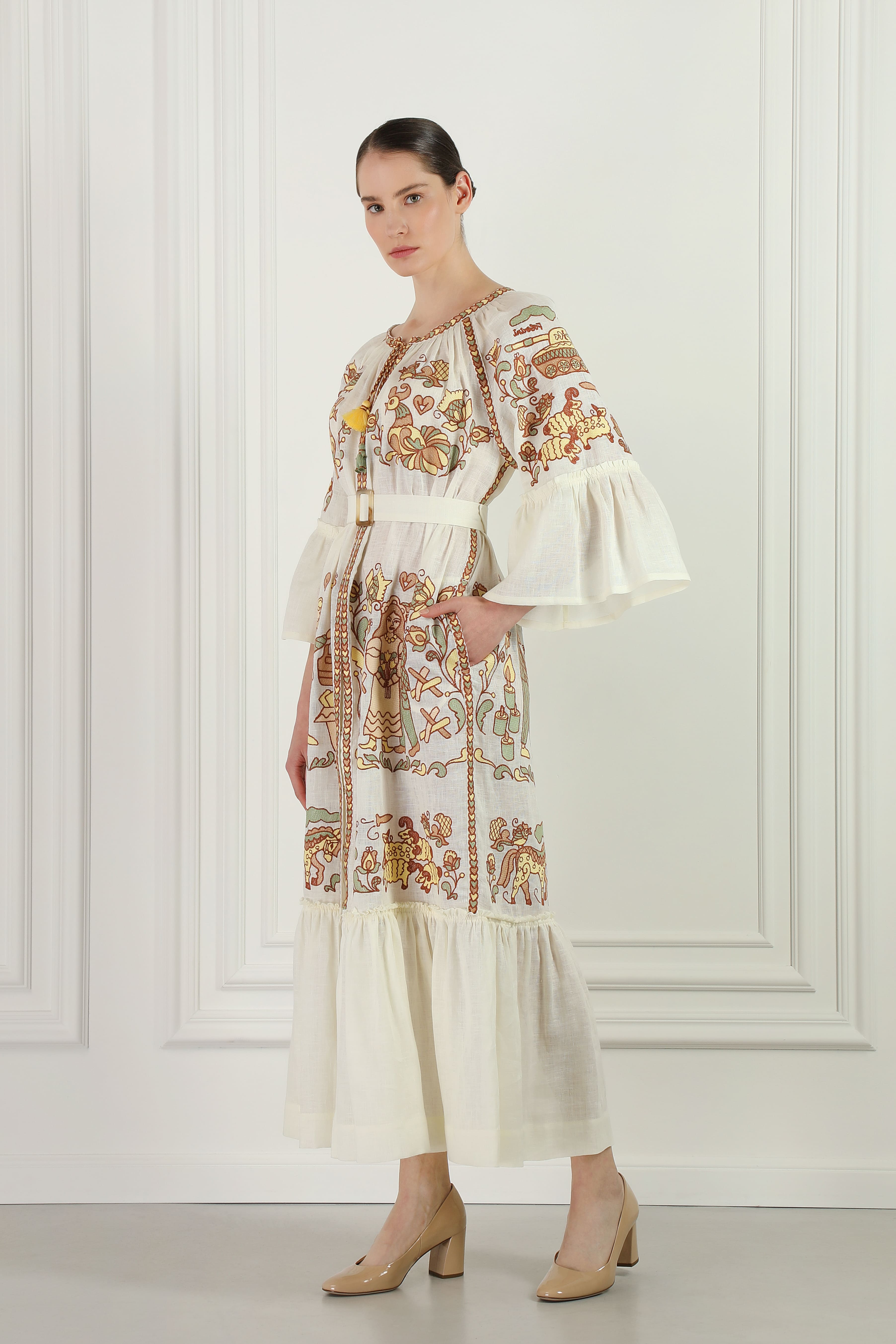"Embroidery History" Linen Beige Maxi Dress Women FOBERINI
