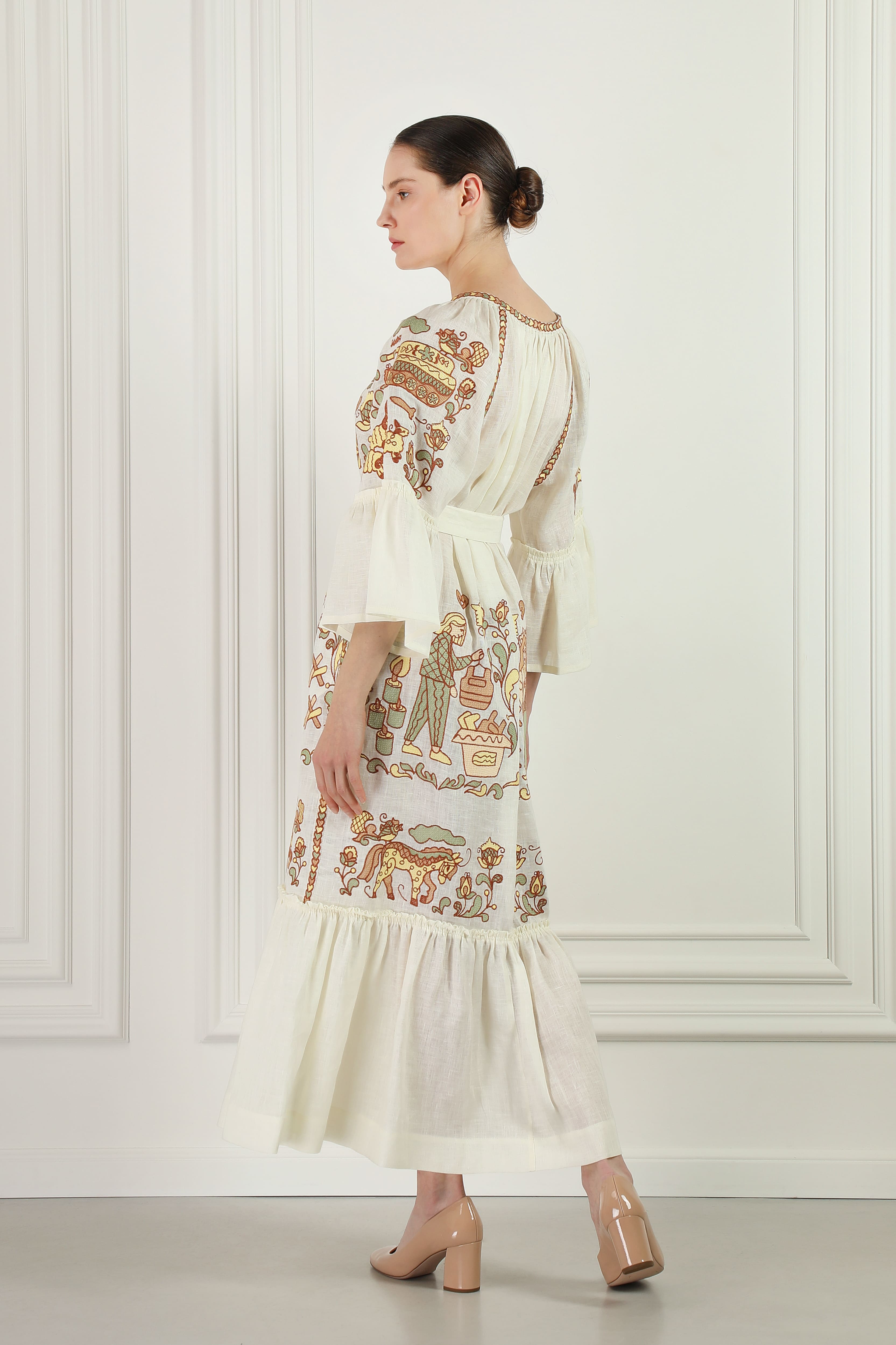 "Embroidery History" Linen Beige Maxi Dress Women FOBERINI
