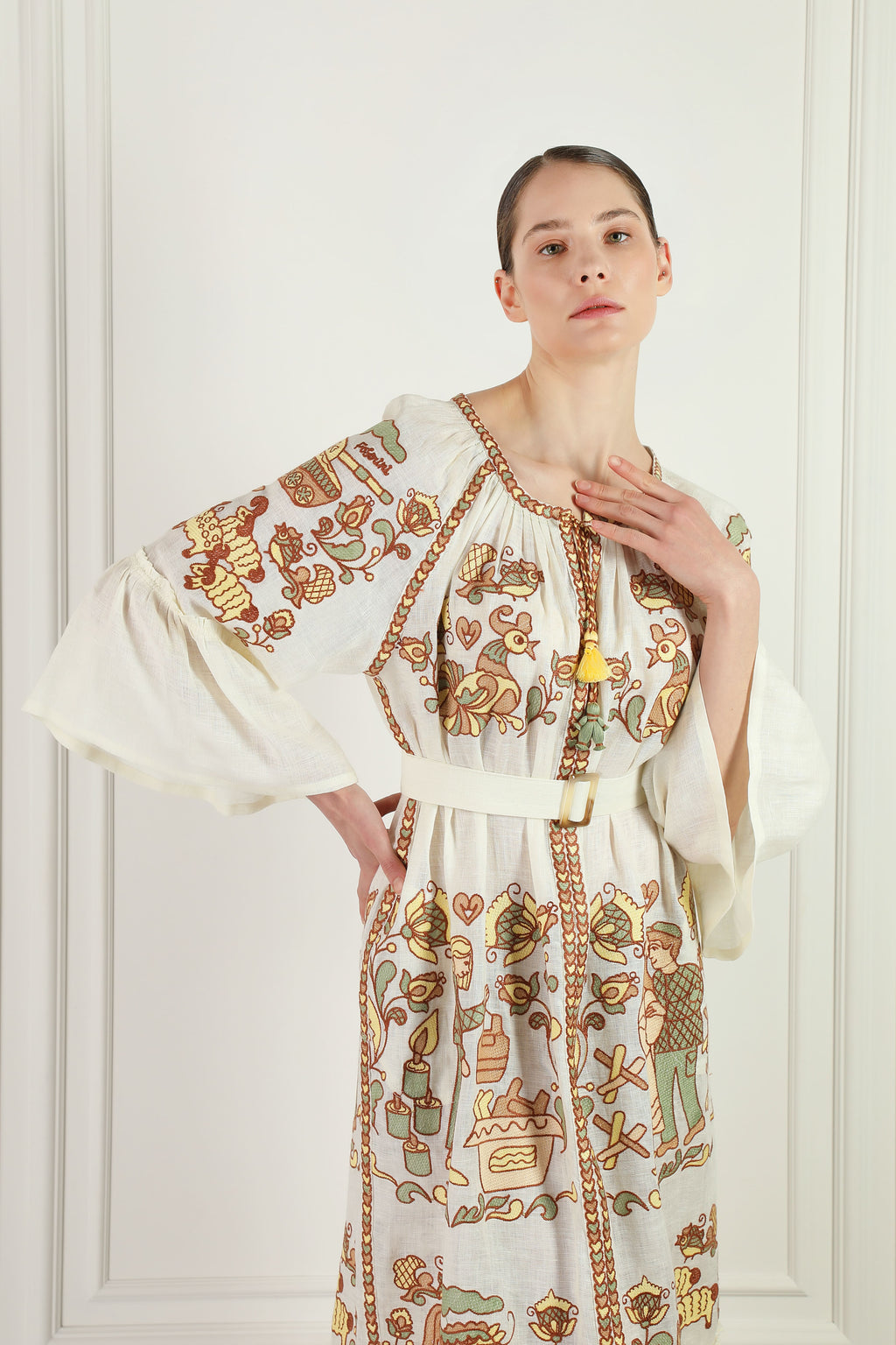 "Embroidery History" Linen Beige Maxi Dress Women FOBERINI