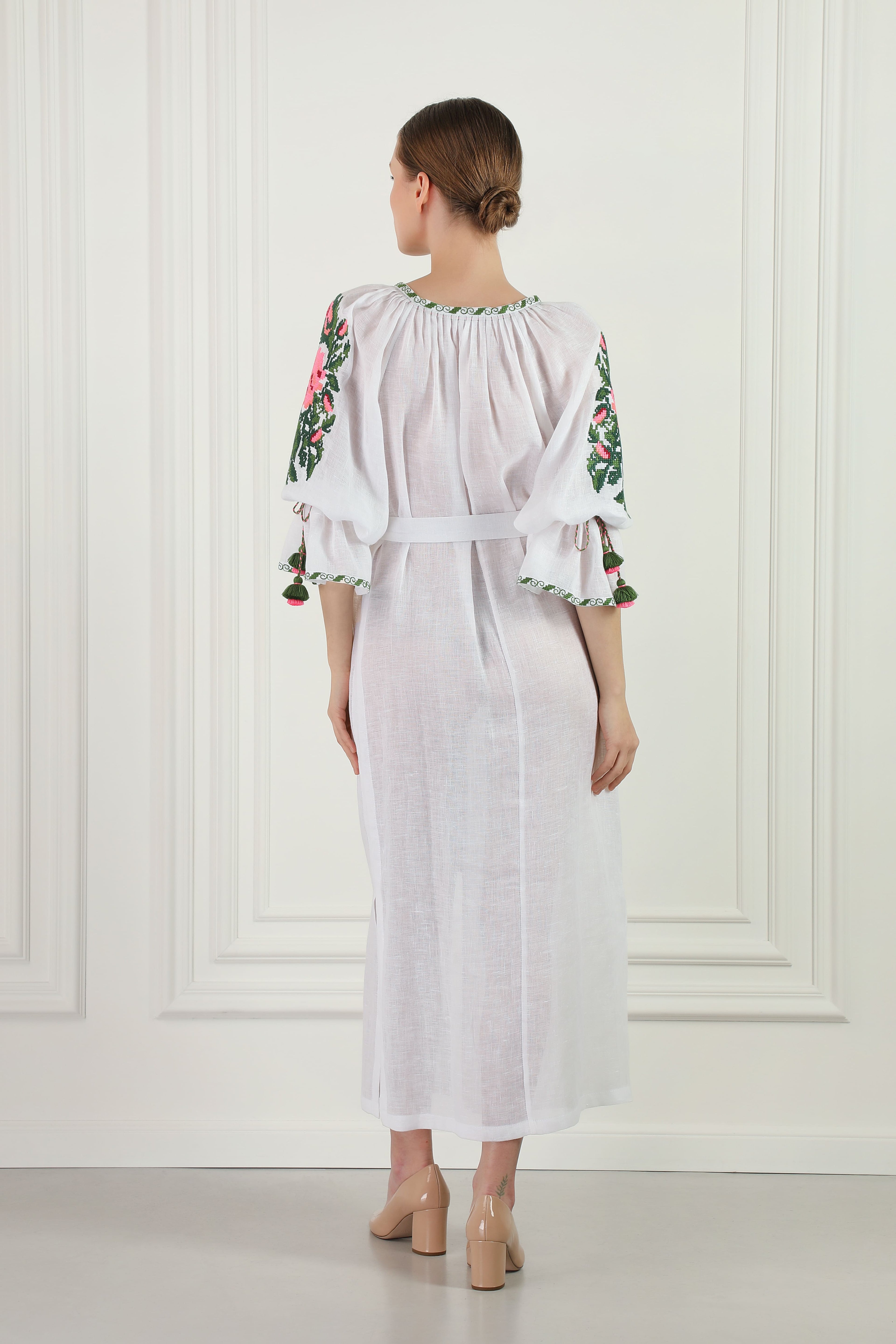 Floral Embroidered White Linen Beach Tunic Dress Foberini