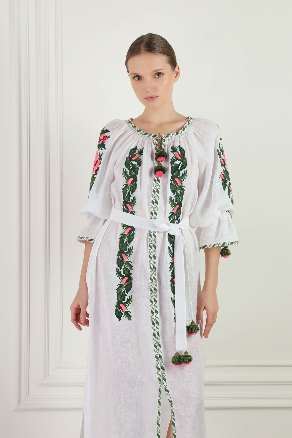 Floral Embroidered White Linen Beach Tunic Dress Foberini