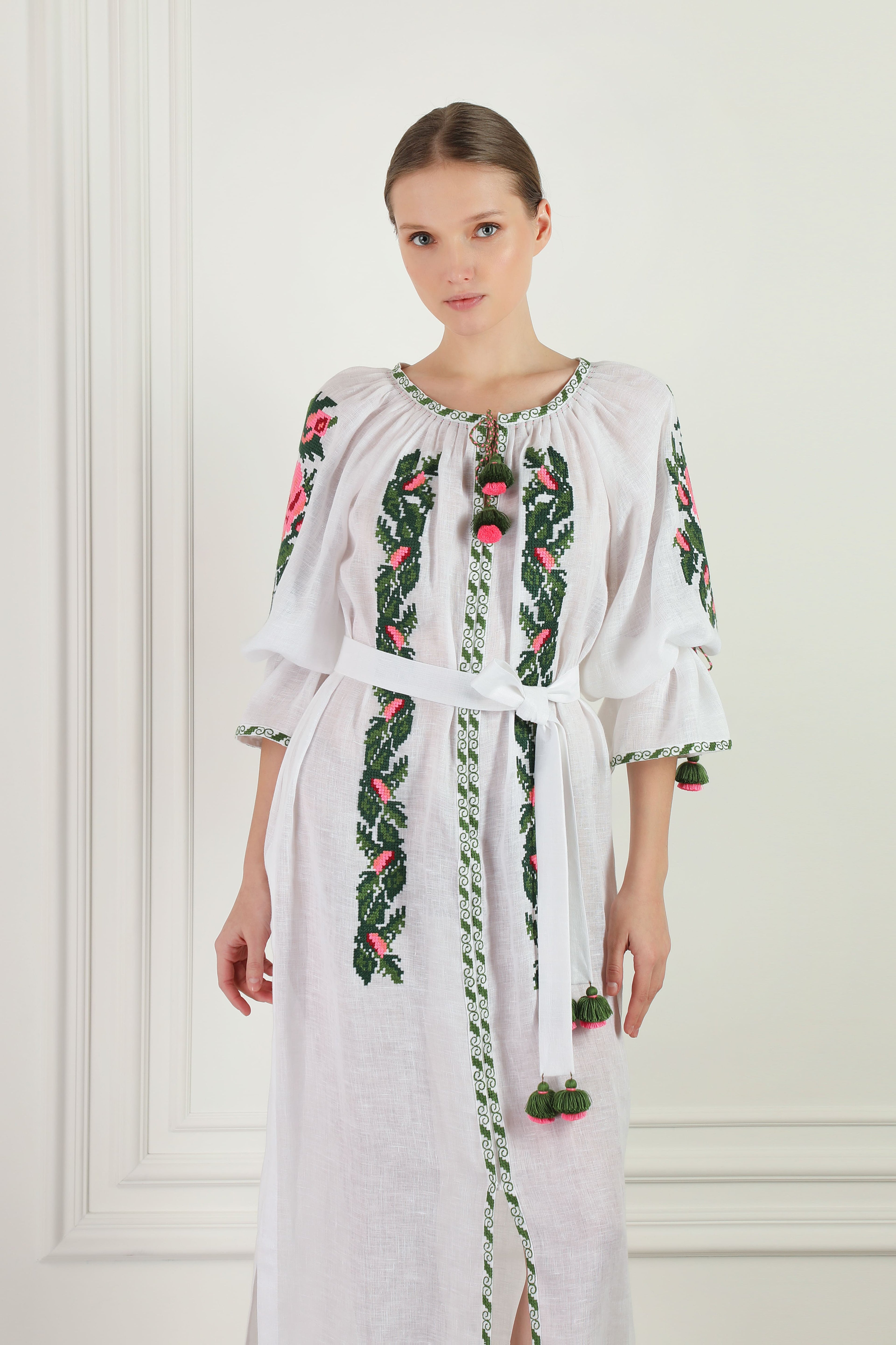 Floral Embroidered White Linen Beach Tunic Dress Foberini