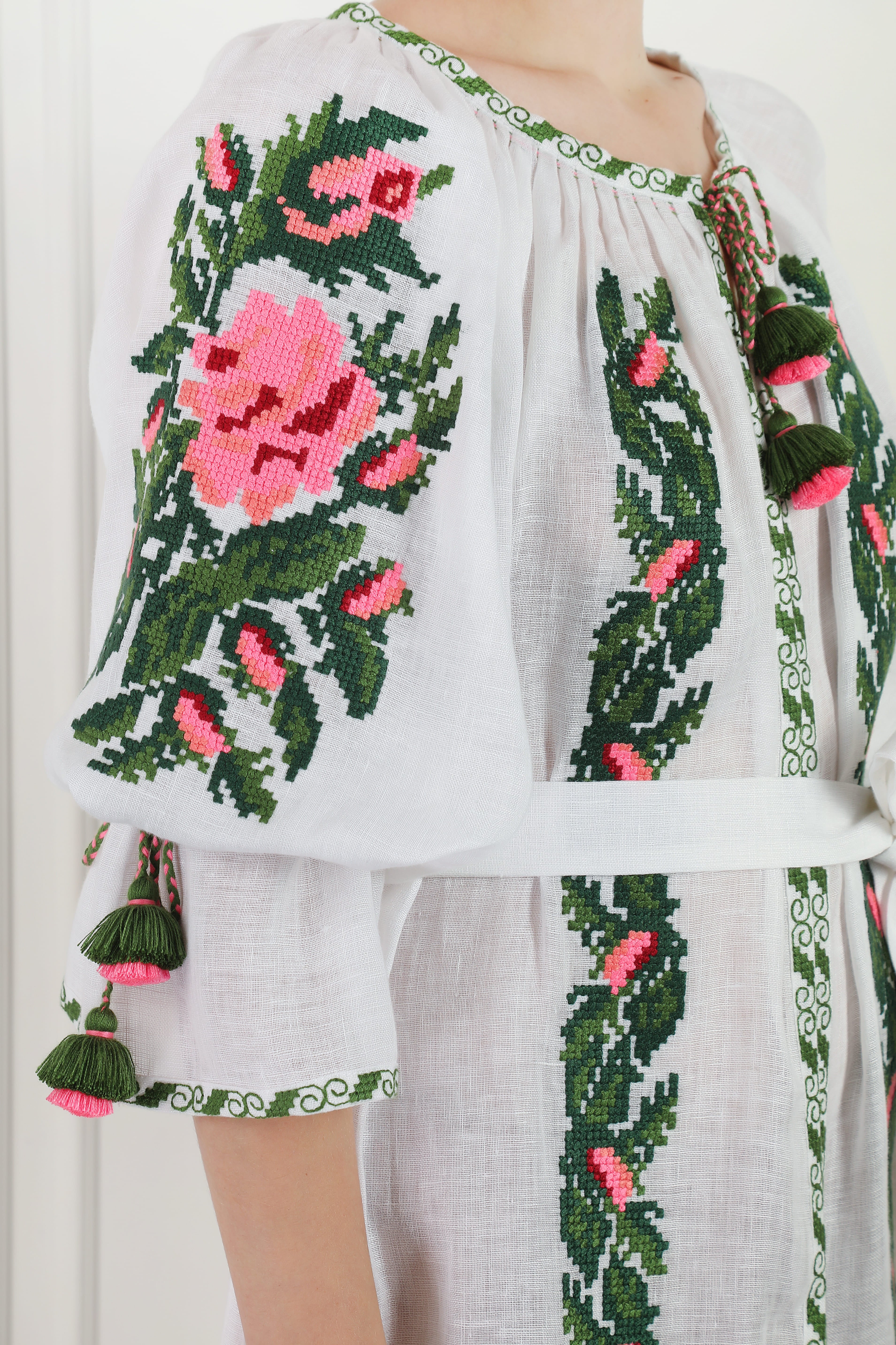 Floral Embroidered White Linen Beach Tunic Dress Foberini