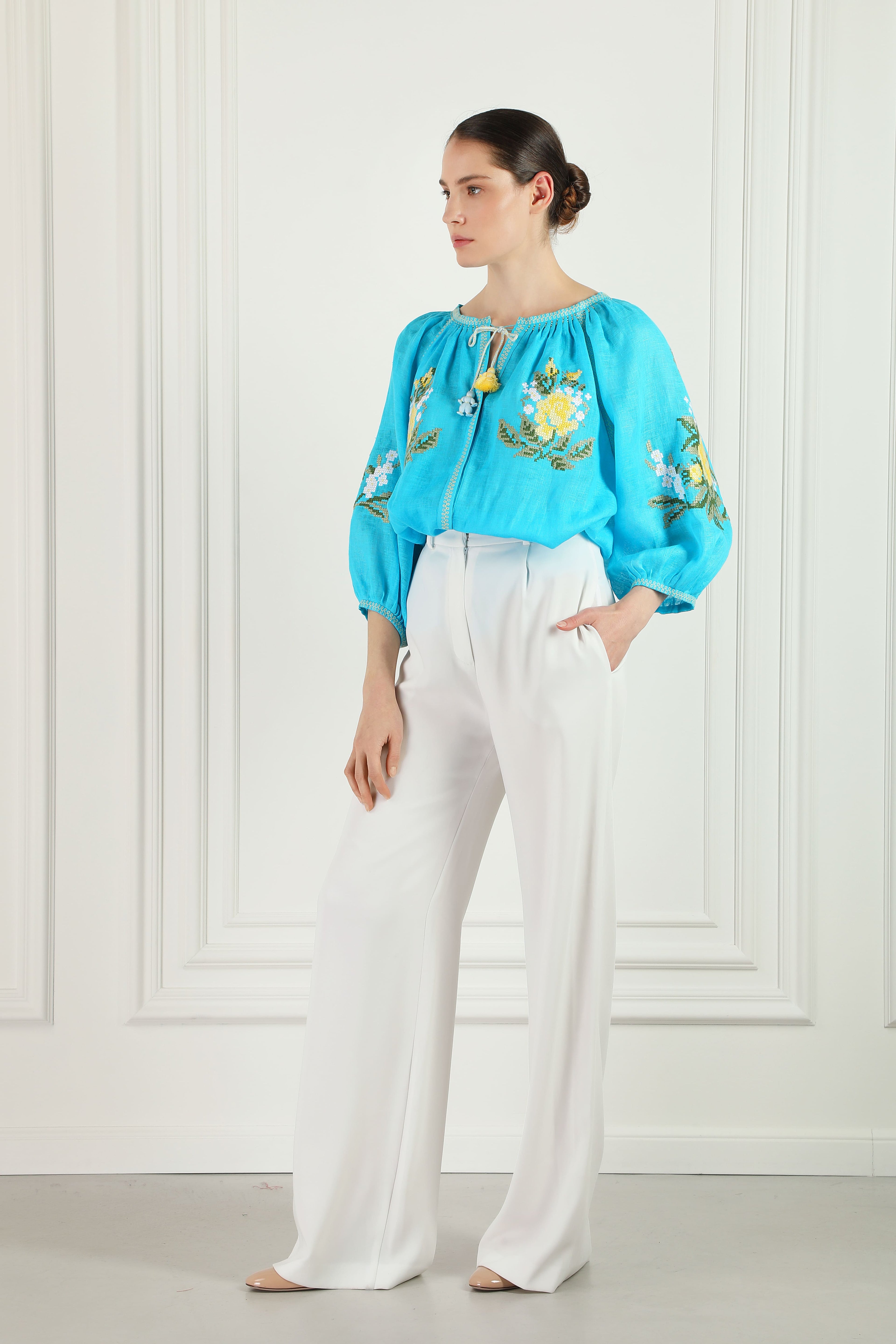 Blue Cross-stitched floral embroidery Linen Blouse Evelyn