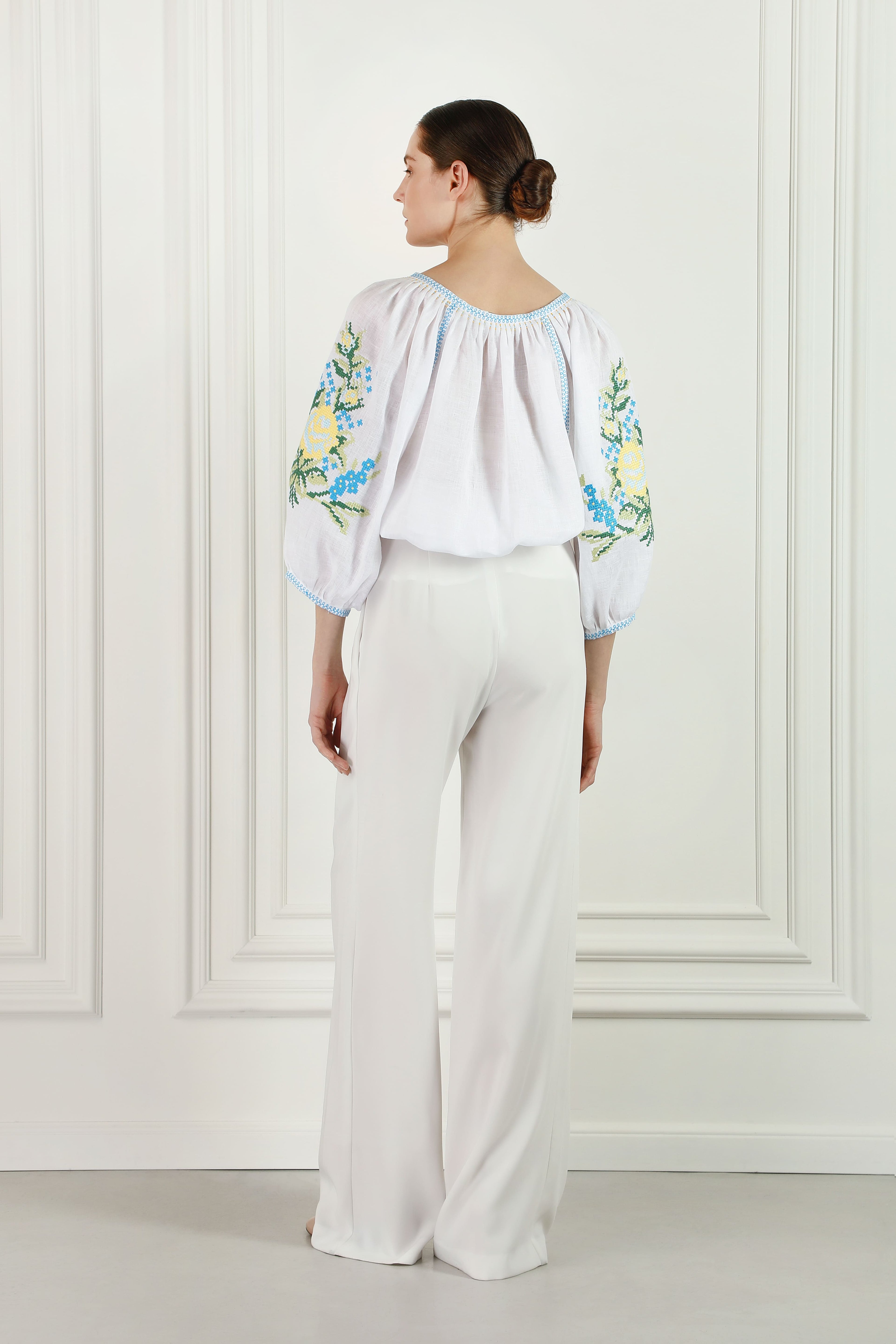 Embroidered white linen blouse with floral cross-stitch Evelyn